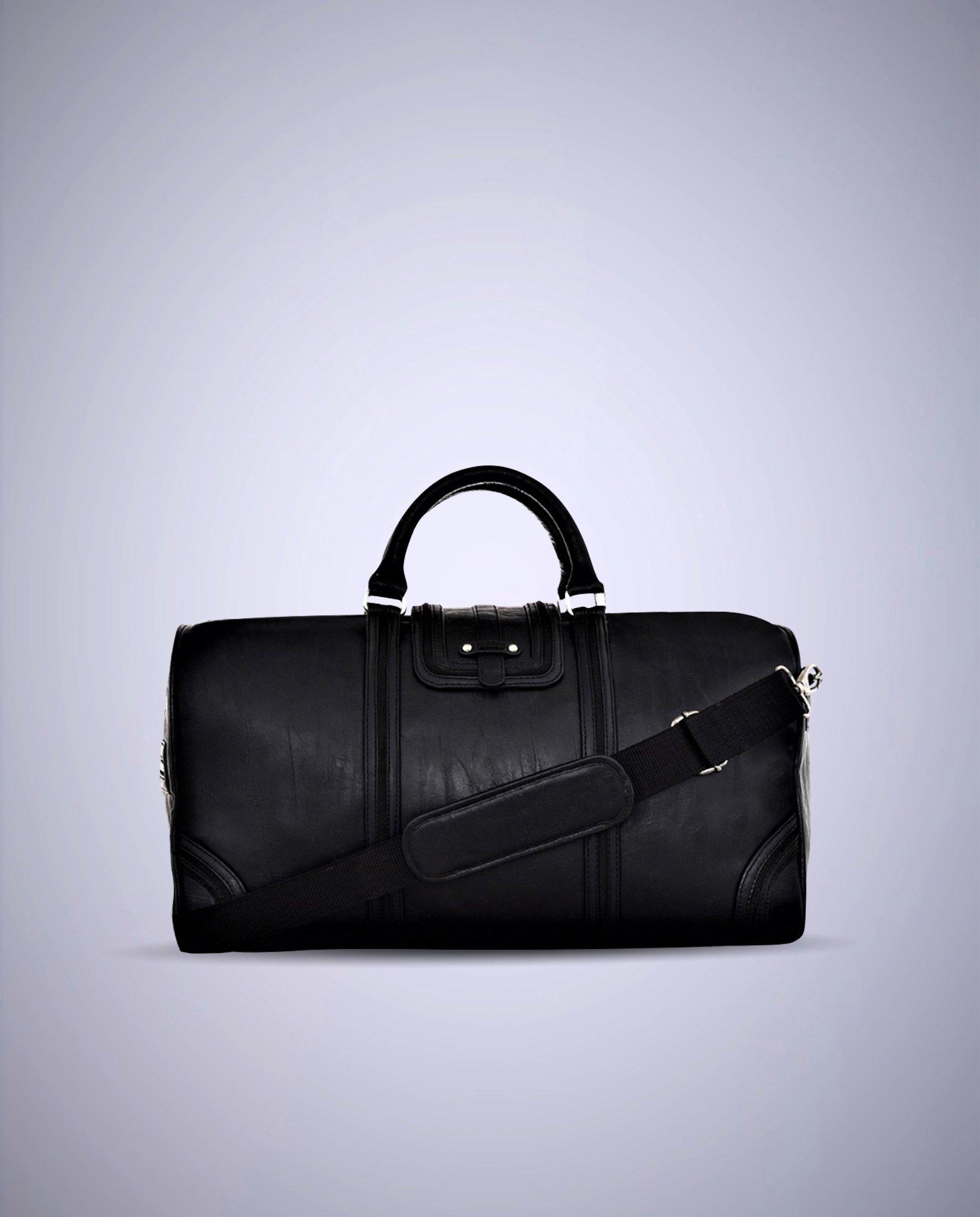Henley Black Embossed Vegan Leather Logo Duffel Bag - Solasta - Custom ...